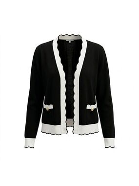 Villa Milano Black & White Scalloped Edge Open Front Cardigan Sweater Size Large